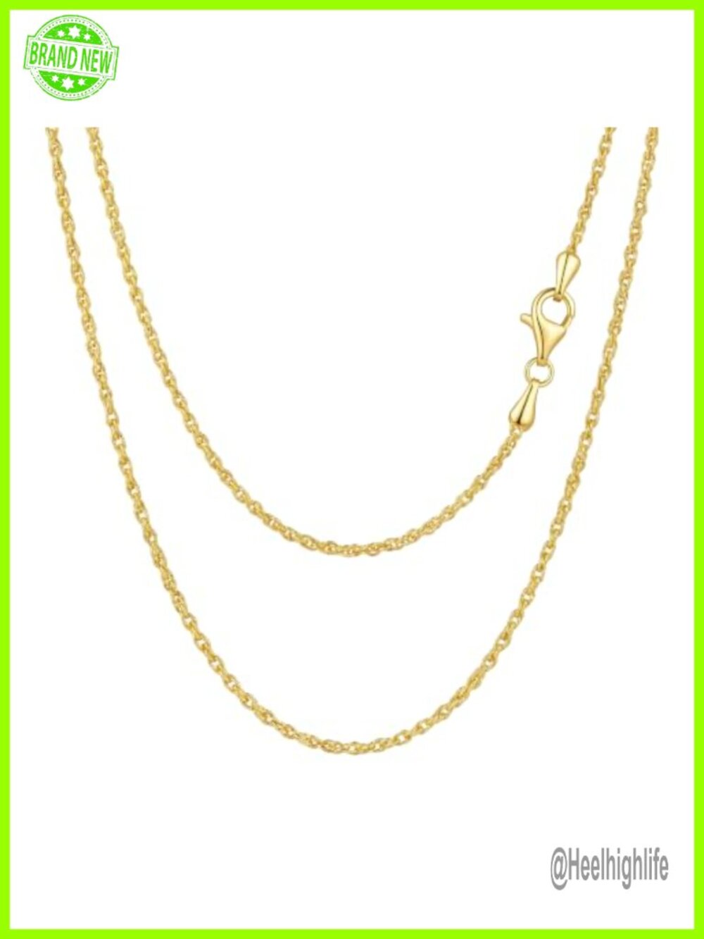 14K Gold Plated Rope Chain Necklace 2mm 18" Lobster Clasp Unisex